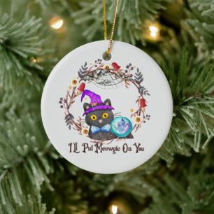 Niedliche und Punny Witch Cat Keramik Ornament