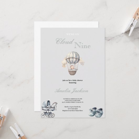 niedliche und schlicht graue Babydusche Einladung (Vorderseite/Rückseite Beispiel)