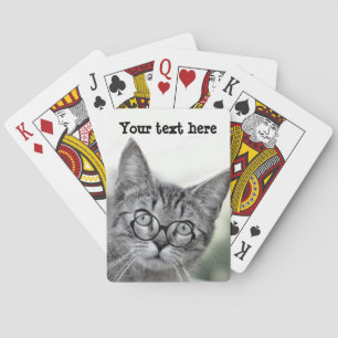 Niedliche und überraschte Katze mit Brille spielt  Spielkarten