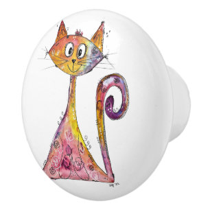 Niedliche und weißliche rosa Katze Keramikknauf