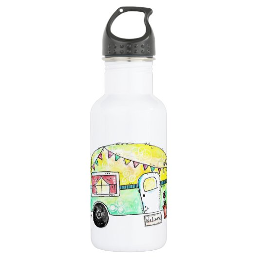 Niedliche und Whimsical Retro Happy Camper Edelstahlflasche (Vorderseite)