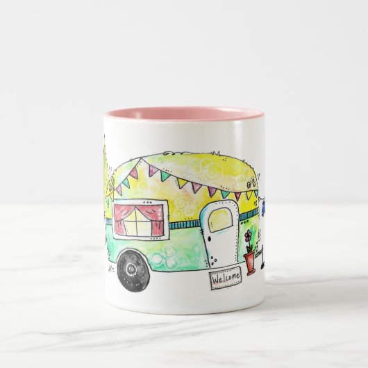 Niedliche und Whimsical Retro Happy Camper Zweifarbige Tasse (Mittel)