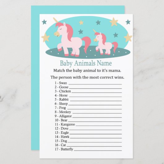Niedliche Unicorn Baby Animes Name Game (Vorne/Hinten)
