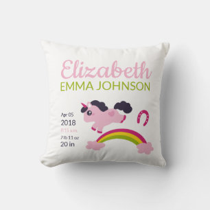 Niedliche Unicorn Baby Birth Stats Kissen