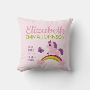 Niedliche Unicorn Baby Birth Stats Kissen
