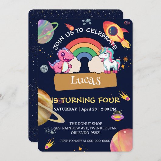 Niedliche Unicorn Dinosaur Regenbogenfläche Geburt Einladung (Vorne/Hinten)