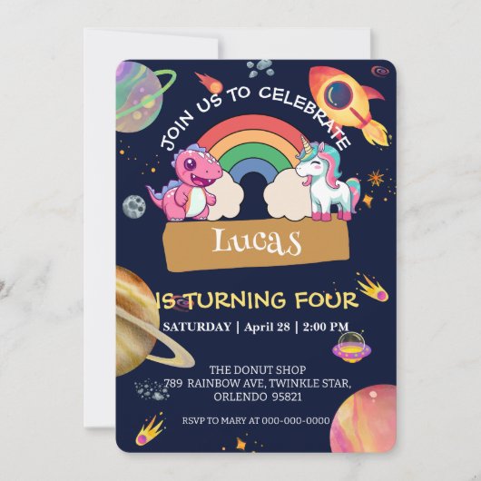 Niedliche Unicorn Dinosaur Regenbogenfläche Geburt Einladung (Vorderseite)