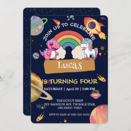 Niedliche Unicorn Dinosaur Regenbogenfläche Geburt Einladung