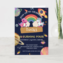 Niedliche Unicorn Dinosaur Regenbogenfläche Geburt Einladung