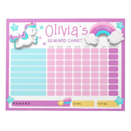 Niedliche Unicorn Kids Rewards Chart for Daily Rou Notizblock (Vorderseite)