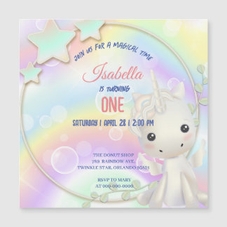Niedliche Unicorn Rainbow Geburtstagsparty-Kinder Magneteinladung