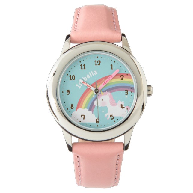 Niedliche Unicorn-Regenbogen-Personalisierte Uhr (Vorderseite)