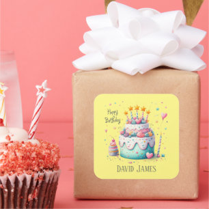 Niedliche unisex Happy Birthday cake hinzufügen Na Quadratischer Aufkleber