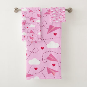 Niedliche Valentine Flying Airplane Rosa Herz Badhandtuch Set