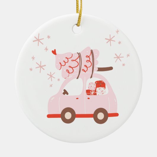 Niedliche Verzierung mit Auto, Weihnachtsbaum und Keramik Ornament (Vorne)