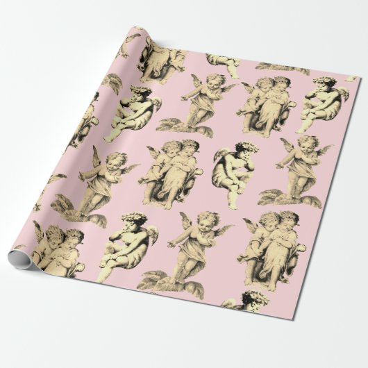 Niedliche Vintage Beige Kupiden Engel auf Pink Geschenkpapier (Ungerollt)