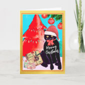 Niedliche Vintage Black Cat Meowy Weihnachten Karte (Vorderseite)