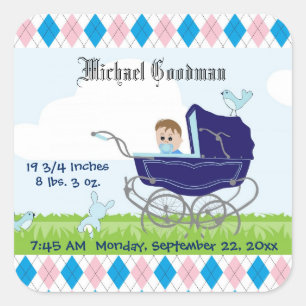 Niedliche Vintage Blue Baby Boy Carriage Quadratischer Aufkleber