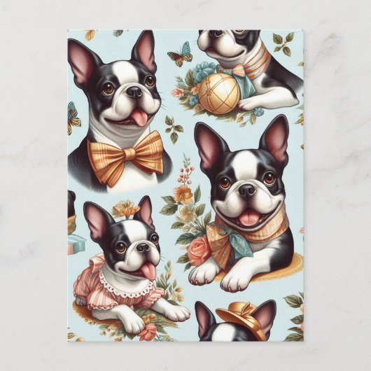 Niedliche Vintage Boston Terrier Illustration Postkarte (Vorderseite)