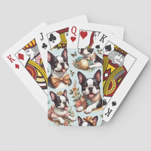 Niedliche Vintage Boston Terrier Illustration Spielkarten (Rückseite)