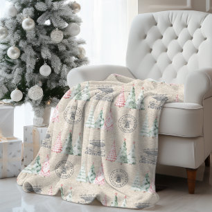 Niedliche Vintage Burlap Briefmarke Weihnachtsbaum Fleecedecke