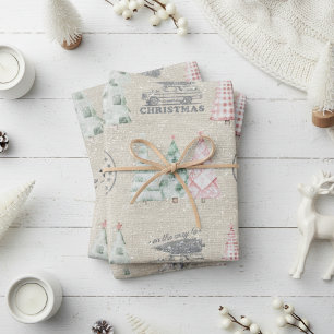 Niedliche Vintage Burlap Briefmarke Weihnachtsbaum Geschenkpapier Set