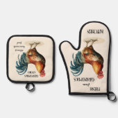 Niedliche Vintage Country Rooster Oma Ofenhandschuh & Topflappen-Set (Vorderseite)