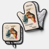 Niedliche Vintage Country Rooster Oma Ofenhandschuh & Topflappen-Set (Vorderseite/Rückseite)
