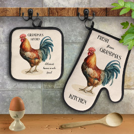 Niedliche Vintage Country Rooster Oma Ofenhandschuh & Topflappen-Set