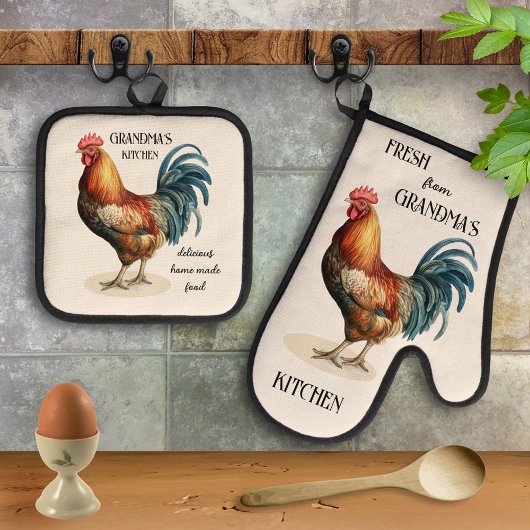 Niedliche Vintage Country Rooster Oma Ofenhandschuh & Topflappen-Set
