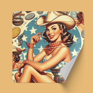 Niedliche Vintage Cowgirl Quadratischer Aufkleber
