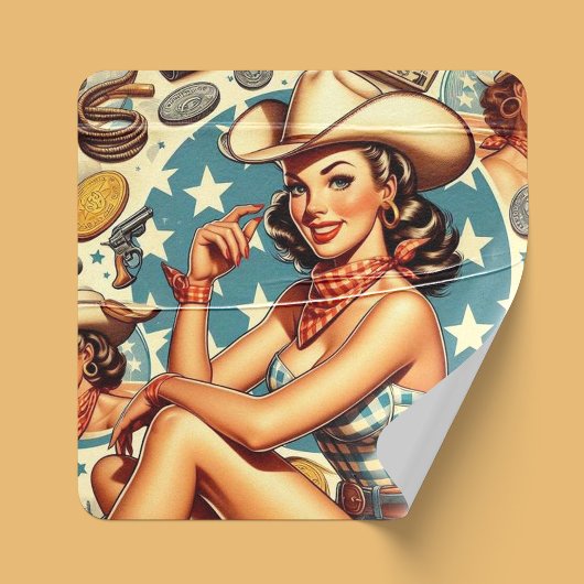 Niedliche Vintage Cowgirl Quadratischer Aufkleber