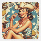 Niedliche Vintage Cowgirl Quadratischer Aufkleber (Vorderseite)