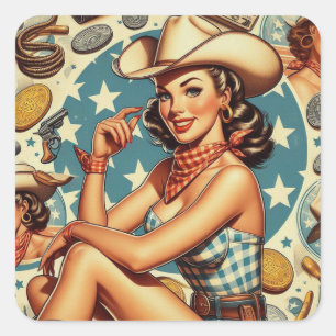 Niedliche Vintage Cowgirl Quadratischer Aufkleber