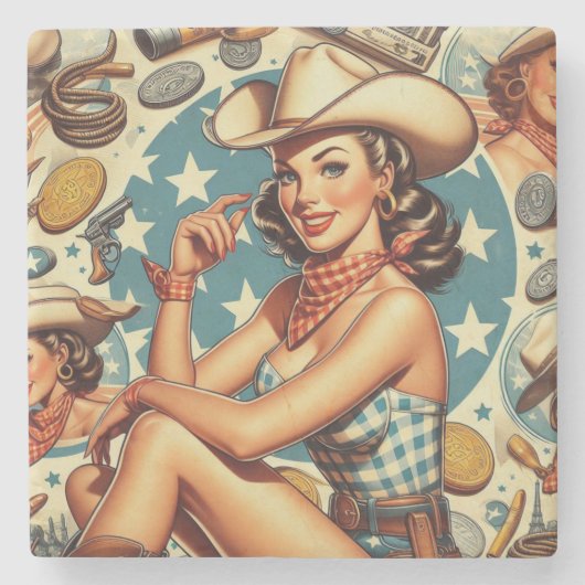 Niedliche Vintage Cowgirl Steinuntersetzer (Vorderseite)