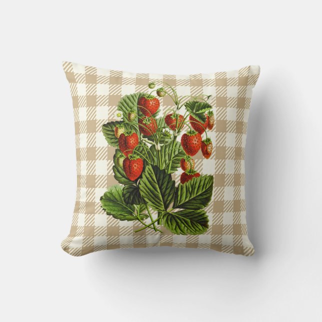 Niedliche Vintage Erdbeere Beige Karierte Throw Kissen (Vorderseite)