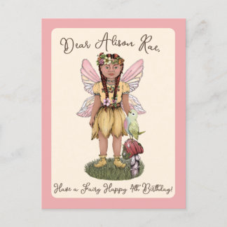 Niedliche Vintage Fairy Happy Vierte Geburtstagspa Postkarte