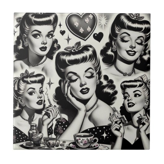 Niedliche Vintage Girl-Illustration Fliese (Vorderseite)