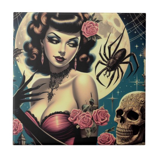 Niedliche Vintage Goth Girl Fliese (Vorderseite)