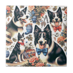 Niedliche Vintage Grenz-Collie-Illustration Fliese