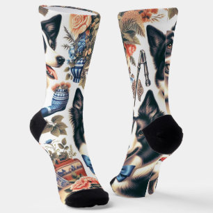 Niedliche Vintage Grenz-Collie-Illustration Socken