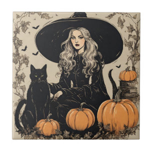 Niedliche Vintage Halloween-Hexe mit Schwarzer Kat Fliese