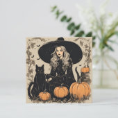 Niedliche Vintage Halloween-Hexe mit Schwarzer Kat Karte (Stehend Vorderseite)