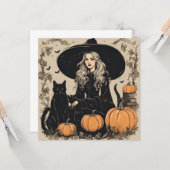 Niedliche Vintage Halloween-Hexe mit Schwarzer Kat Karte (Vorderseite/Rückseite Beispiel)