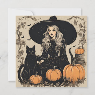 Niedliche Vintage Halloween-Hexe mit Schwarzer Kat Karte