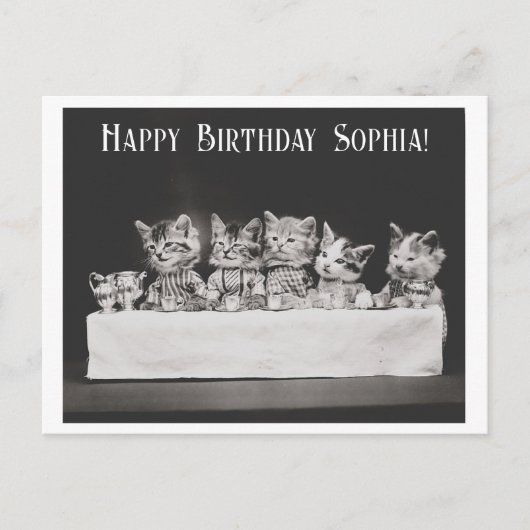 Niedliche Vintage Katze Geburtstags Tee Party Postkarte (Vorderseite)