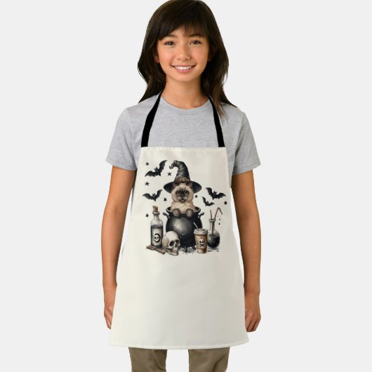 Niedliche Vintage Katze in einem Kessel Halloween Schürze (Insitu)