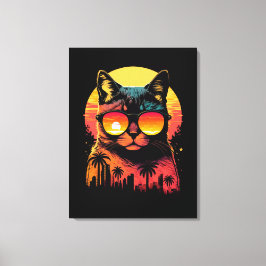 Niedliche Vintage Katze mit Brille im Sonnenunterg Leinwanddruck