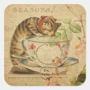 Niedliche Vintage Katzen-Tee-Schalen-Blumencollage Quadratischer Aufkleber