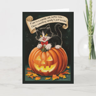 Niedliche Vintage Katzenkatze und KürbisHalloween Feiertagskarte